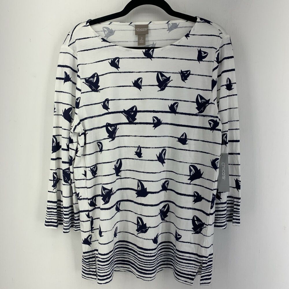 Chicos Women 2 Large Tunic Top 3/4 Sleeve Coastal Nautical Preppy Sailing NEW